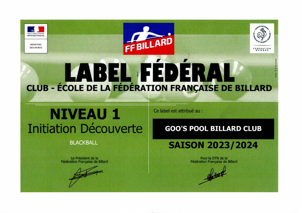 Le club obtient le Label Fédéral Club-Ecole de la FFB